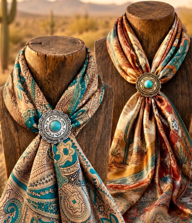May include: Two silk scarves draped on wooden stands, each secured with a circular silver-toned metal slide featuring a central turquoise stone. One scarf displays a teal and beige paisley pattern, while the other features a desert landscape print.