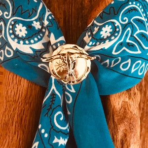 May include: A turquoise bandana with a white paisley pattern is tied with a silver cowboy head bolo tie.