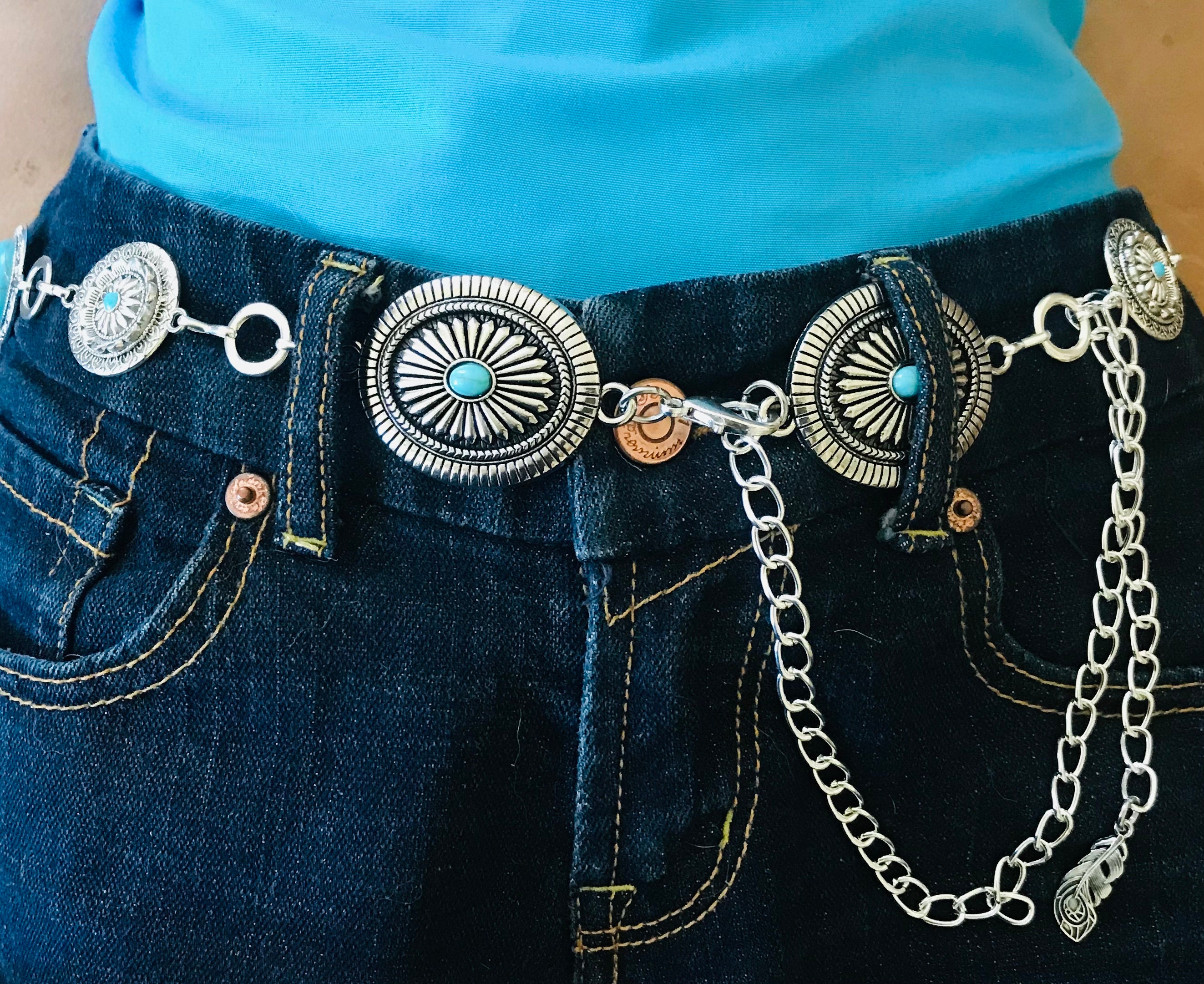 Vintage Silver Concho Belt: Turquoise Western Cowgirl Chain  display picture 2