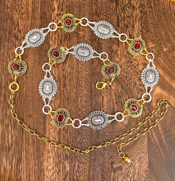 Silver and Yellow Concho Chain Belt Adjustable Concho Belts for Women, Silver Chain Belts for  main image 4