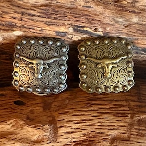 May include: Two gold-toned metal belt buckles with a raised design of a longhorn steer head. The buckles have a square shape with a decorative border of small circles.