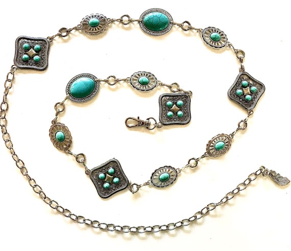 Western Concho Belt: Silver Tone Chain, Turquoise Detail  display picture 3