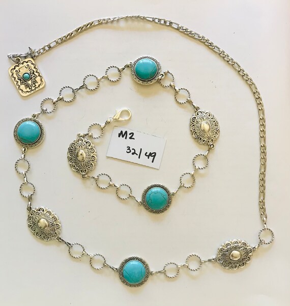 Cowgirl conch belt 32inch..vintage with turquoise stones Silver/Turquoise CONCHO BELT ~ ARIAT Brown Leather Western  main image 2