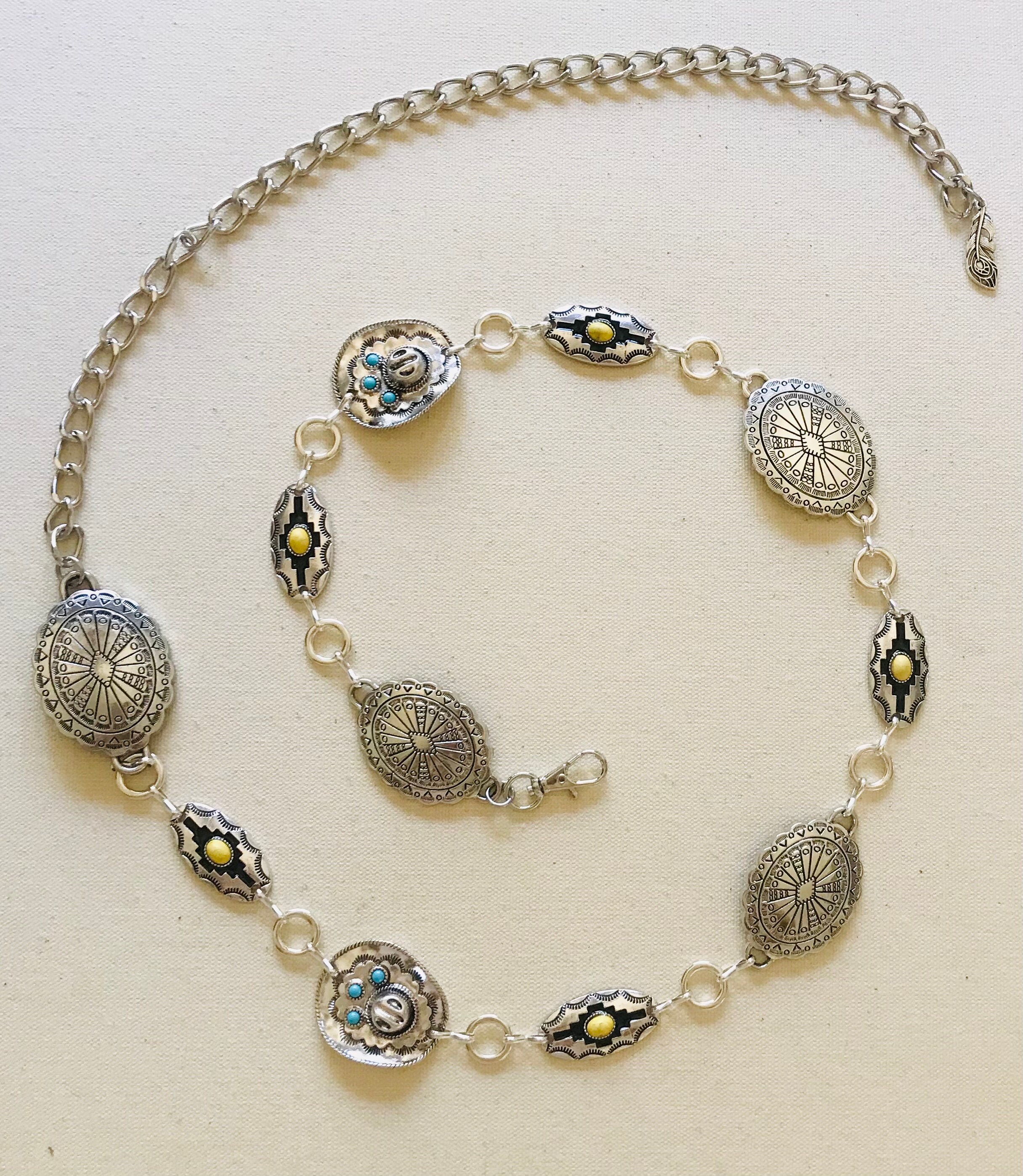 Silver Concho Belt: Aztec & Cowboy Hat Charms, Adjustable 