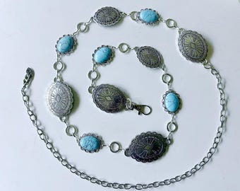 Western White Turquoise Flower Concho Chain Belt No.2w - Etsy display picture 2
