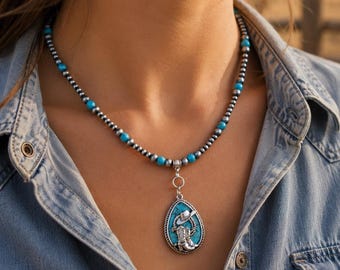 Collana di perle western / Perle Navajo e howlite turchese / Stivali e cappello da cowboy