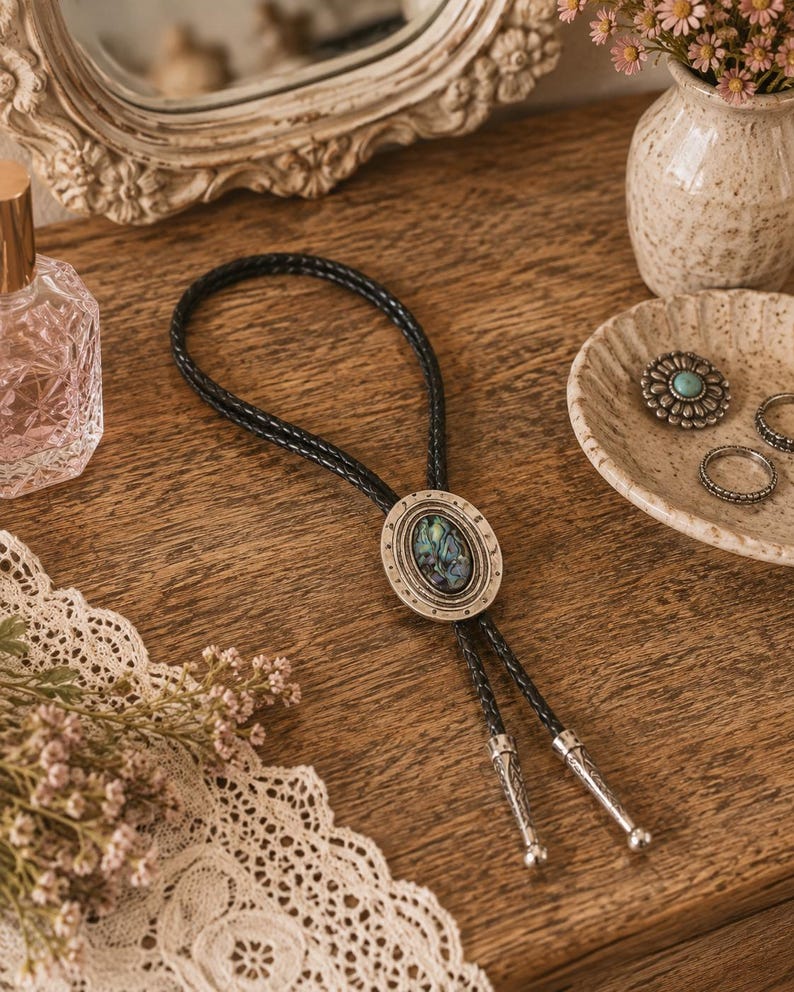 May include: A bolo tie featuring a braided black leather cord and a central oval pendant with an iridescent abalone shell inlay set in a textured silver-tone metal frame. The cord ends are finished with matching engraved silver-tone metal tips.