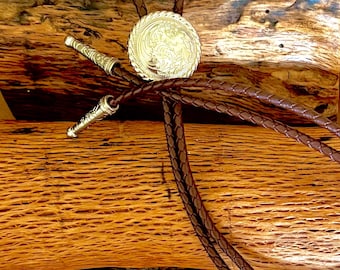 Western bolo tie-Silver Tone etched with rope edge  -Cowgirl  Necktie