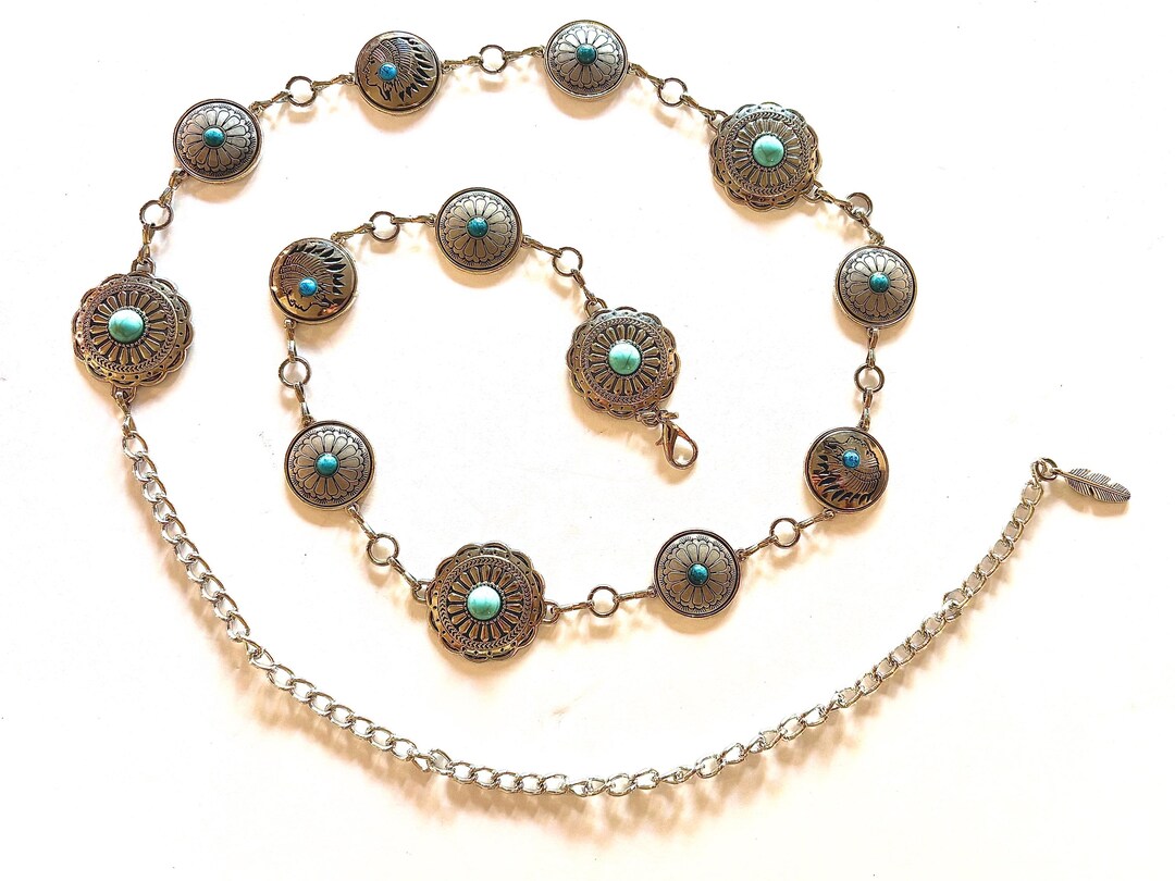 9255 Turquoise Concho Belt Silver Western Chain Cowgirl Country LEACOOLKEY Women Silver Western Concho Chain Belt Boho Metal  main image 4