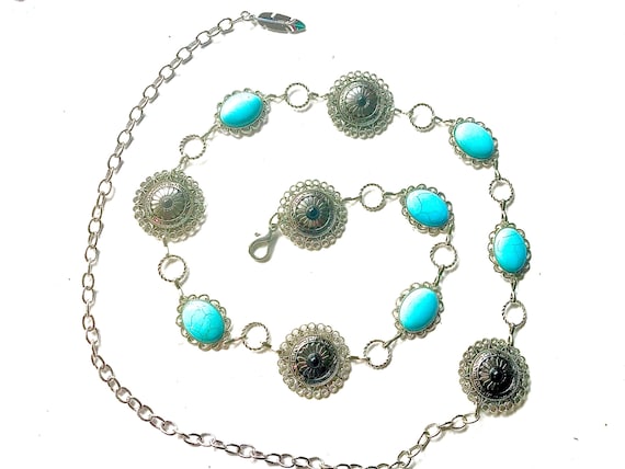 Silver Western Concho Link Chain Belt | Boho Turquoise  display picture 1