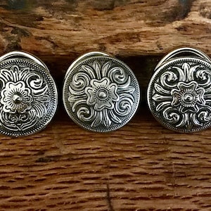 Western Neckerchief slide, Silver etched floral design, Wide rag accessory