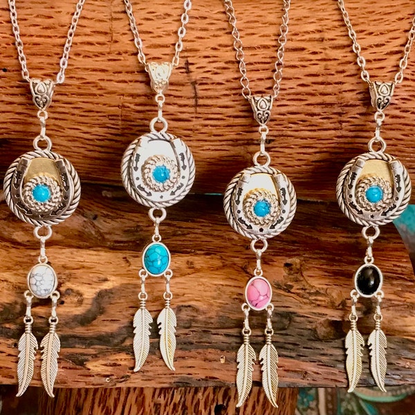 Western Concho Necklace  horse shoe  feather dangles. Doubles as boot bling.