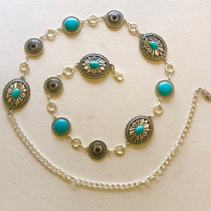 Silver Western Concho link chain belt  | Manmade turquoise  Metal Belt | Vintage  | Cowgirl chain beltGreat NFR accessory!