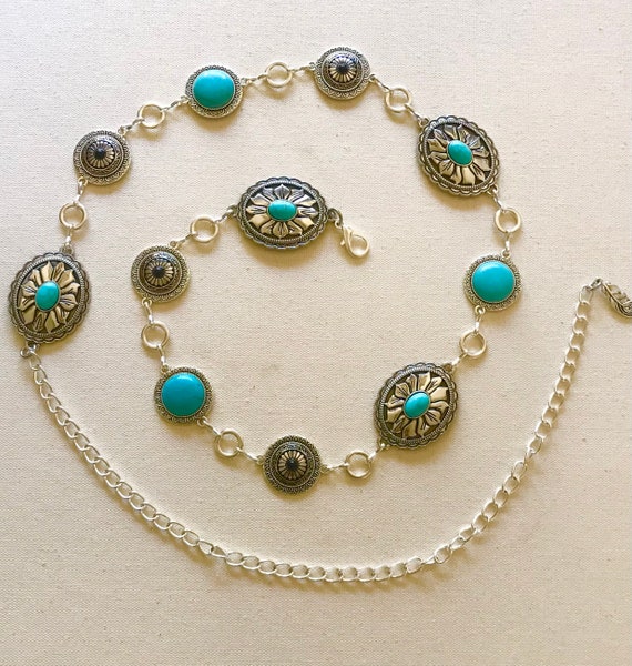 シルバーコンチョベルト：ターコイズウエスタンチェーンベルト、サイズ