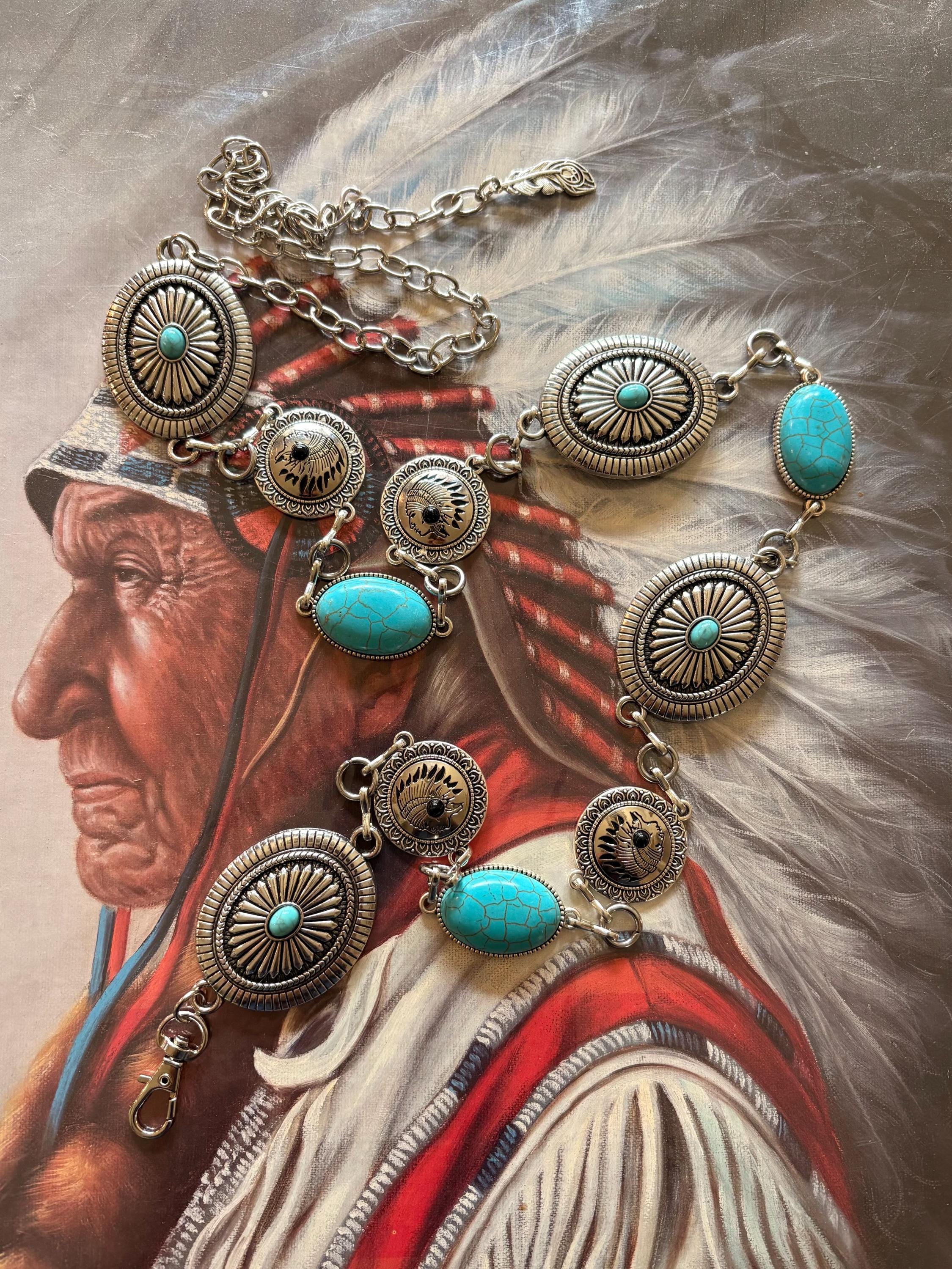 Vintage Style Western Concho Chain Belt Silver Tone Turquoise 118cm Turquoise Concho Belt: Silver Chain Cowgirl Western  main image 3