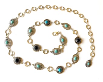 Ceinture Concho Pawn Navajo Ancienne En Argent Estampillé Main - Avec Turquoise, Longueur 44 Pouces