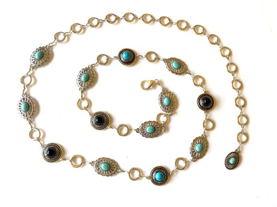Silver Western Chain Belt | Navajo Concho, Manmade Turquoise  display picture 3
