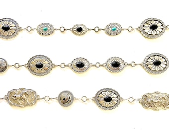 Silver Concho-bälte: Svart sten, indianhuvud, springande häst - västerländsk stil