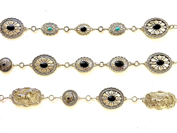 Silver Concho Belt: Black Stone, Indian Head, Running Horse  display picture 2
