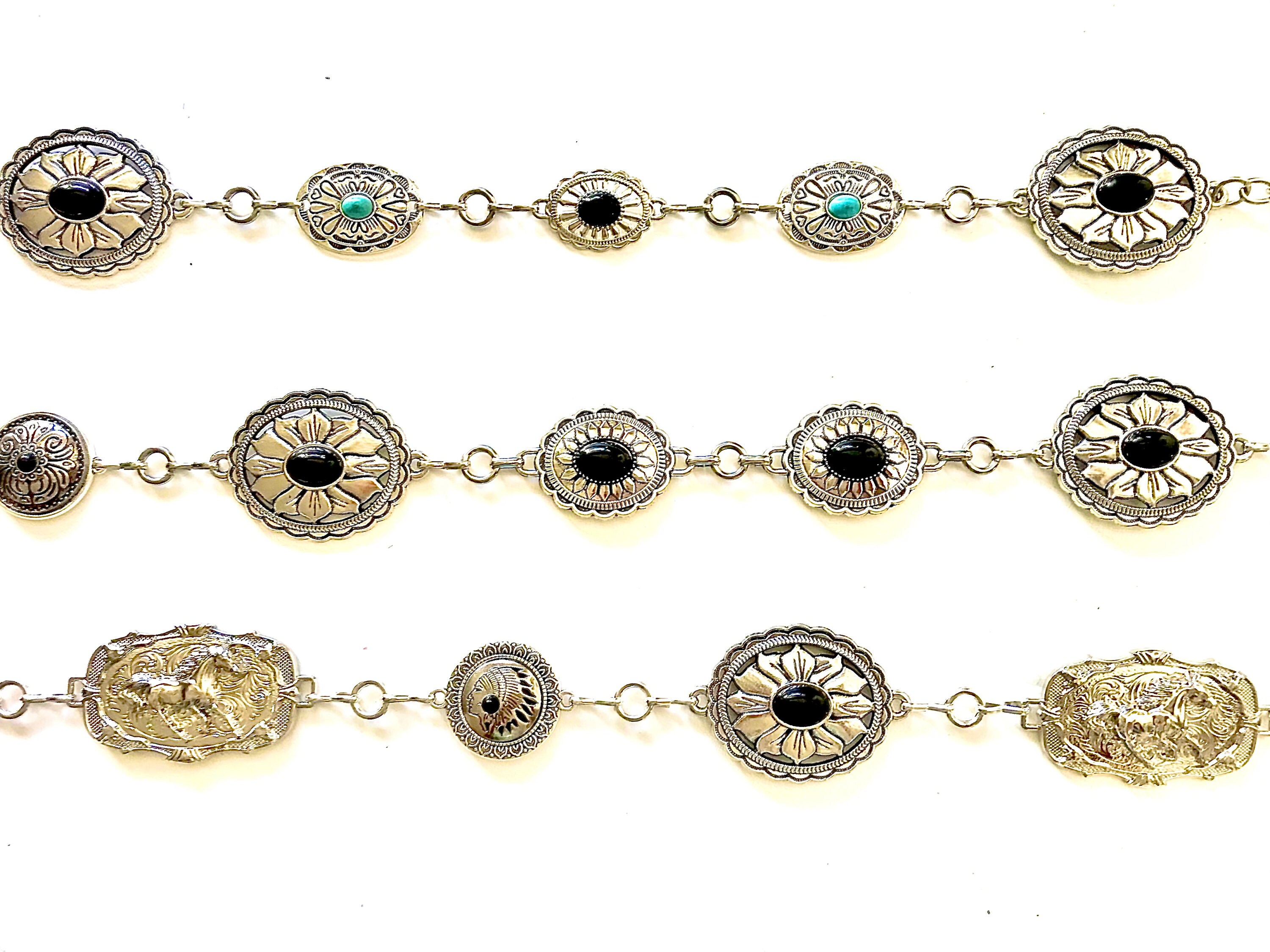 Silver Concho Belt: Black Stone, Indian Head, Running Horse 