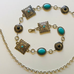 Metal Chain Belt | Faux silver turquoise agate cabochons | Silver tone chain belt | Cowgirl cowboy | Metal Waist Belt |