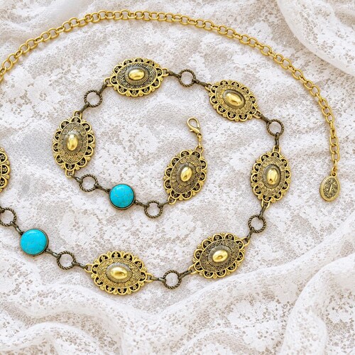 Ceinture à chaîne dorée | Ceinture style Navajo vintage | Conchos au look vintage | Ceinture en métal style cowgirl | Accessoire idéal pour le NFR !