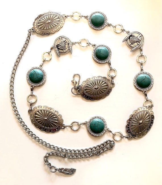 Western Concho Chain Belt: Turquoise, Howling Wolf, Cowgirl 