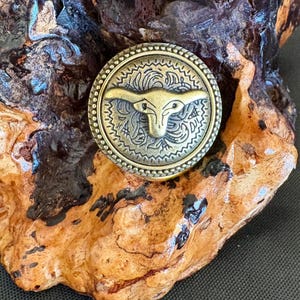 May include: A round, antique brass-colored metal button with a detailed bull's head design in the center. The button has a decorative border and is set against a textured, brown wooden surface.