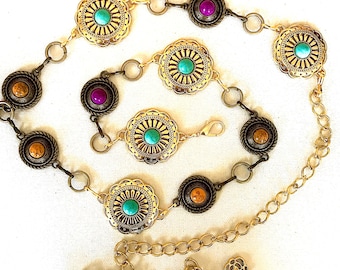Cinturón de cadena estilo concho estilo vaquera dorado con detalles en turquesa