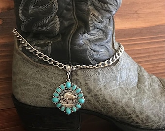 Cowboy Boot Armband: Türkis-Büffelleder-Nickel-Boot Bling