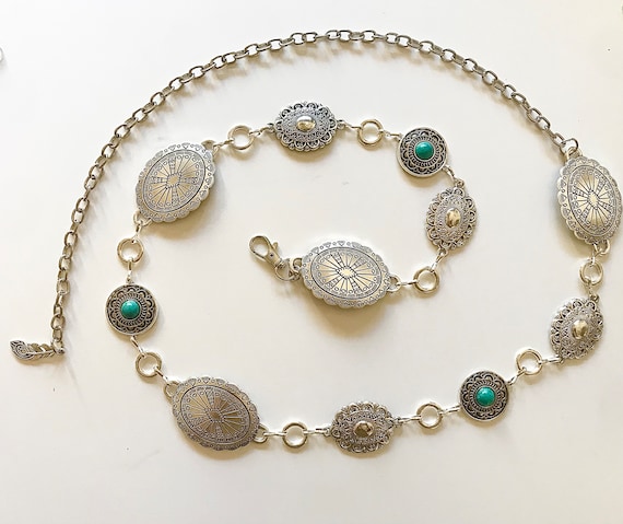 Silver Concho Belt: Western Chain Belt With Faux Turquoise  display picture 1