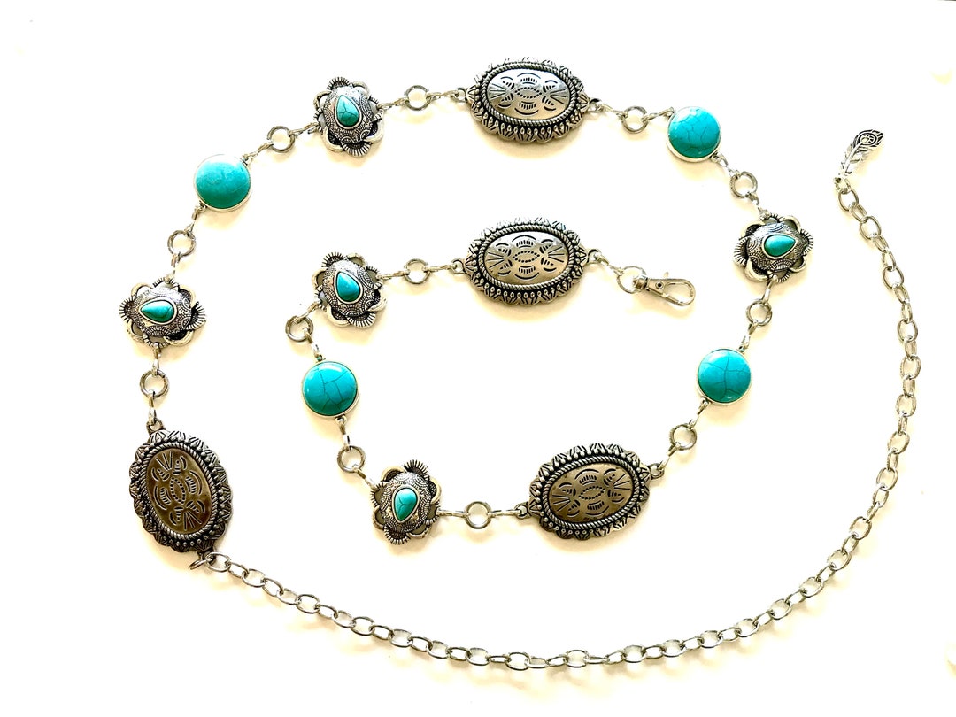 Southwest Faux Turquoise Stone and Metal Chain Belt Boho Western s-l400.jpg main image 4
