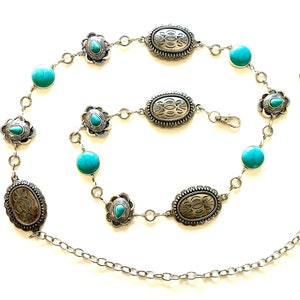 Metal Chain Belt | Faux silver turquoise  | Silver tone chain belt | Cowgirl cowboy | Metal Waist Belt | Southwestern Great NFR accessory!