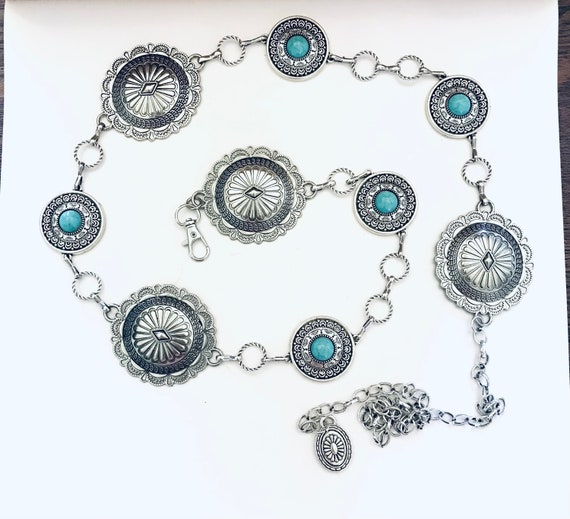 Silver-Tone Oval Link  Concho Belt with Turquoise Accents Western Justin Women main image 3