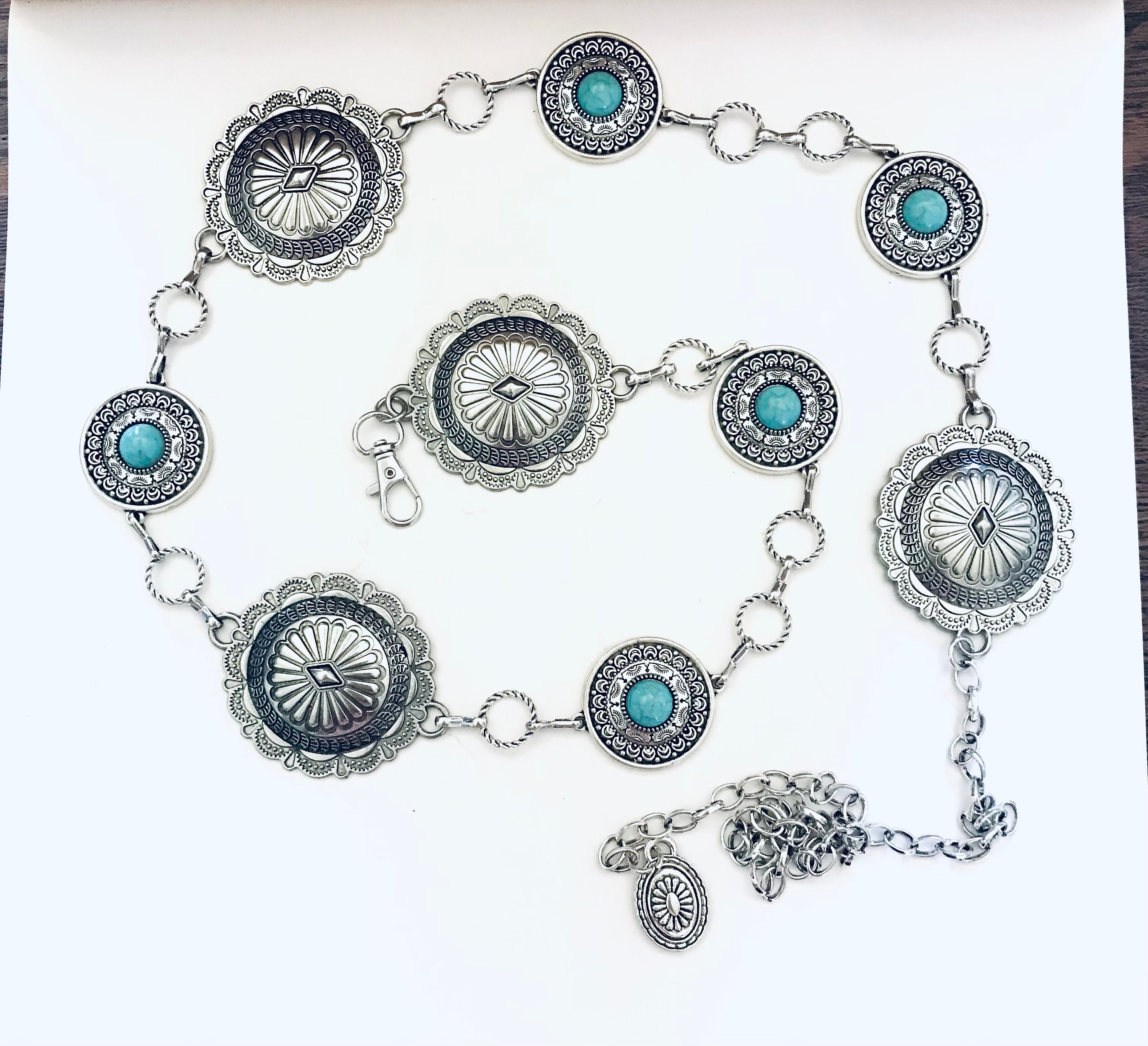 Concho Link Chain Belt Faux Turquoise Western Silver-Tone Metal Floral Boho XL Abby Turquoise Western Chain Belt – The Bevel Label main image 2