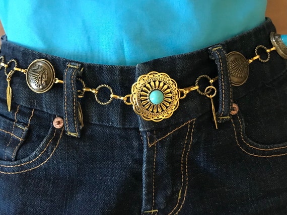 Gold Concho Chain Belt: Turquoise Stone, Western Cowgirl  display picture 3