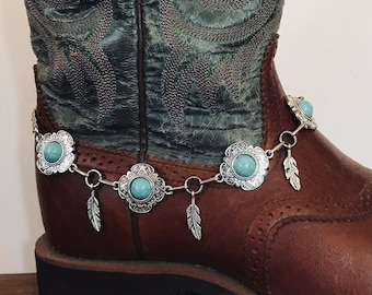 Western-Boot-Armband | Imitat silber | Boho Türkis | Silberfarbenes Stiefel-Armband | Cowgirl Cowboy | Stiefeletten | Braut-Stiefel-Armband