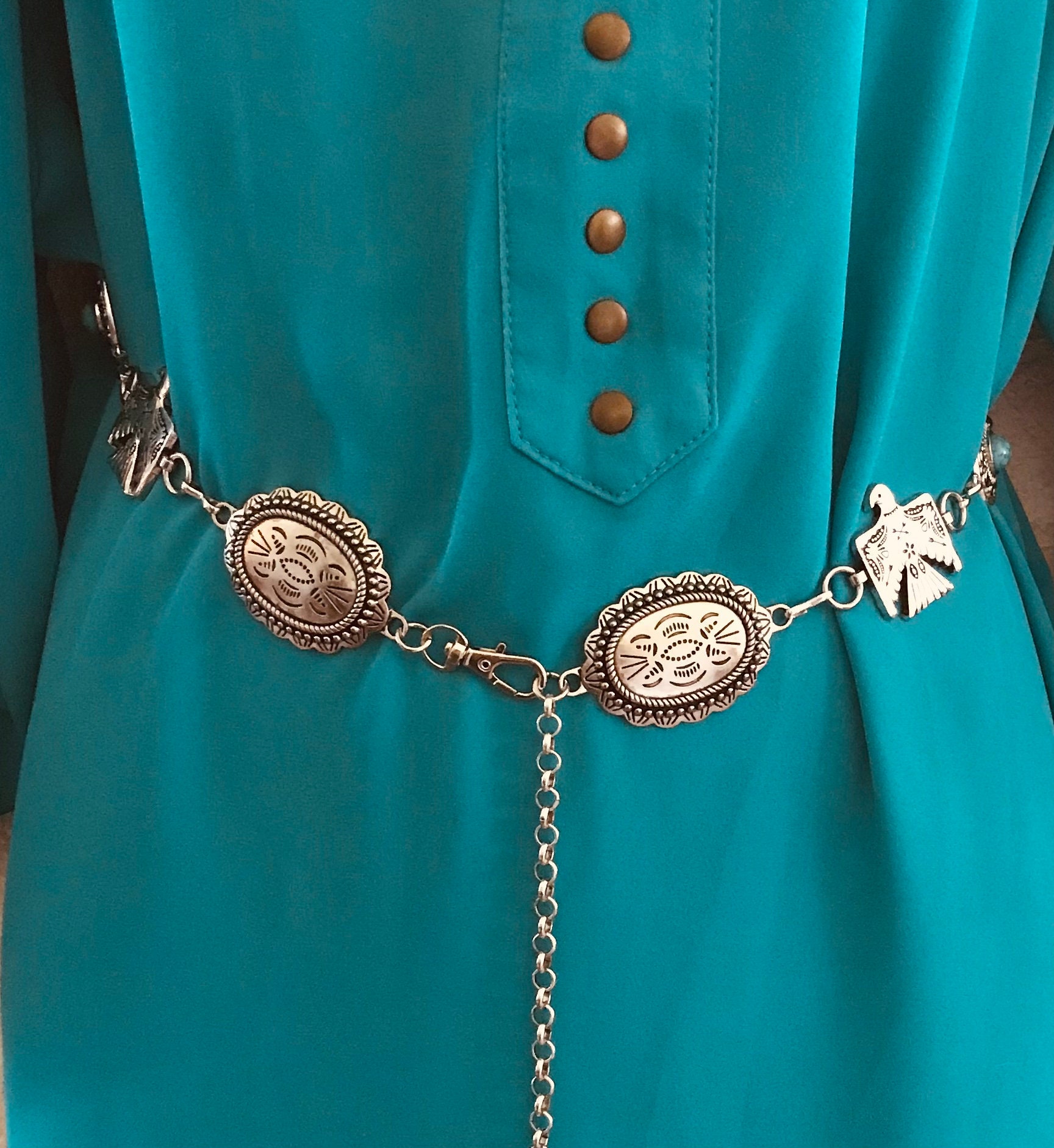 FREE SHIPPING ? Southwestern cowgirl Silver & Turquoise Thunderbird Belt Ariat Silver & Turquoise Stone Oval Concho Chain Cowgirl  main image 3