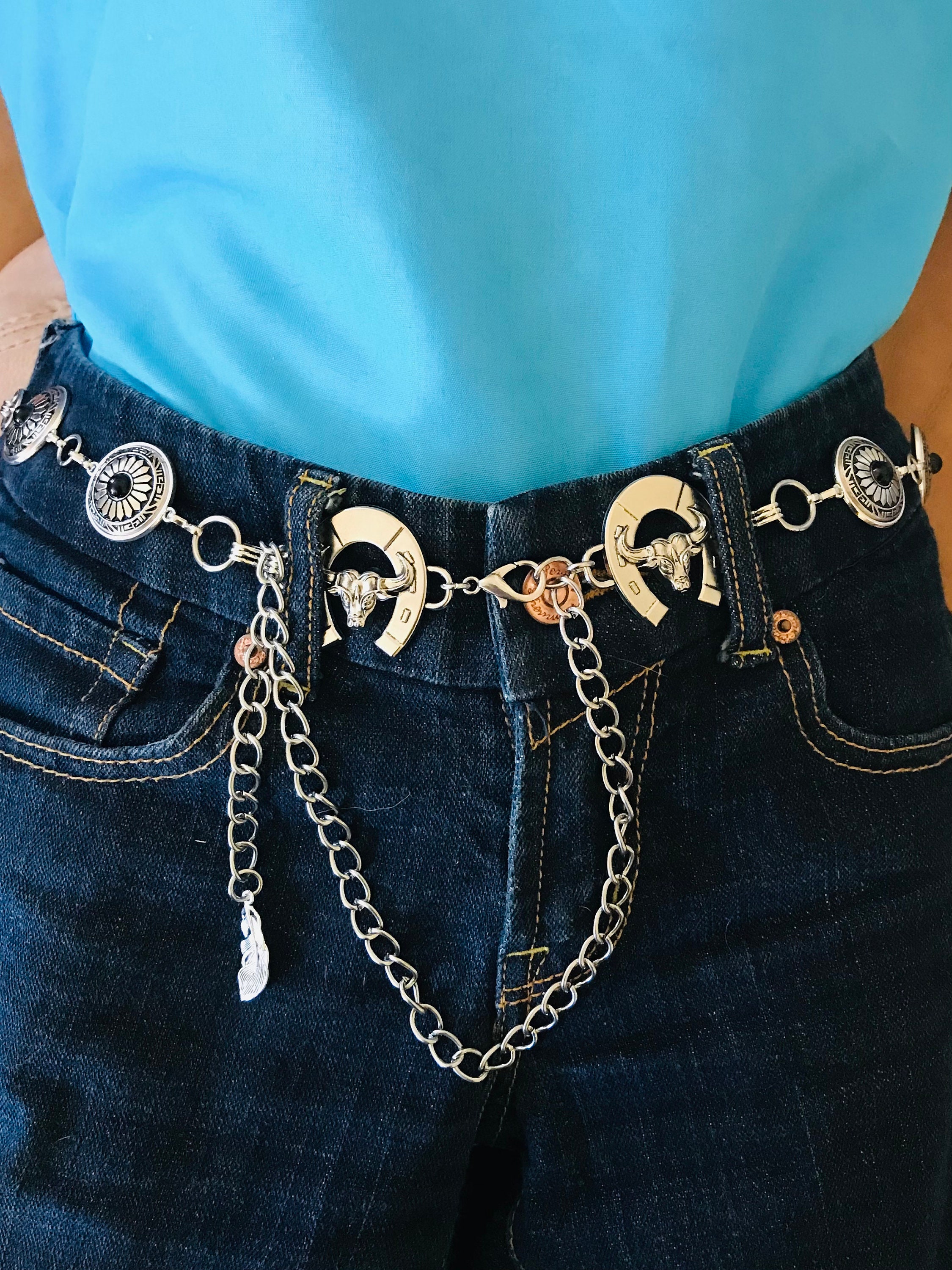 2174 Cowboy Cowgirl Belt For Jeans Bull Head Concho Waist Belts Harness Angel Ranch Square Concho Chain Cowgirl Belt – Rock main image 4