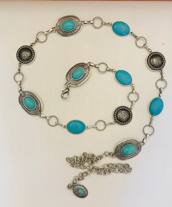 Silver Western Concho Link Chain Belt | Boho Turquoise  display picture 3