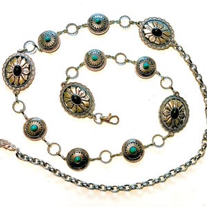 Silver Western Concho link chain belt  | Sunflower conchos | Turquoise and Black stone Great NFR accessory!