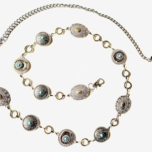 Western chain  belt | Western  silver Conchos | lucky horse shoe | Cowgirl metal belt | Vintage Silver tone belt Great NFR accessory!