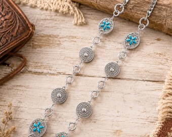 Western Concho Purse Strap, Turquoise Floral Faux Silver, Convertible Cowgirl Bag Chain