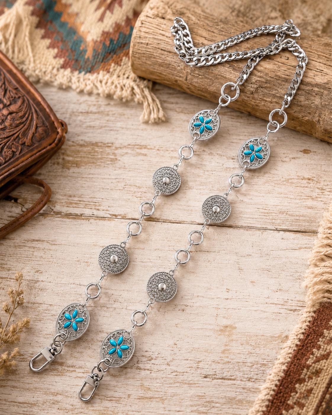 Western Concho Purse Strap, Turquoise Floral Faux Silver, Convertible Cowgirl Bag Chain
