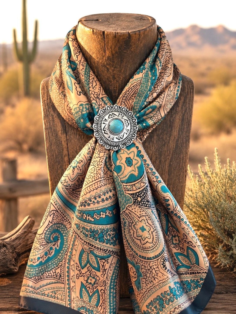 May include: A silk scarf featuring a teal, beige, and black paisley pattern, secured with a circular silver-toned metal slide. The slide has a scalloped edge, engraved geometric details, and a central round turquoise-colored stone inlay.