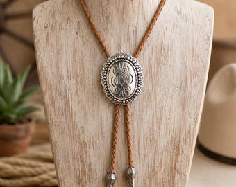 Antique Silver Aztec Bolo Tie: Cowboy/Cowgirl Western Necklace