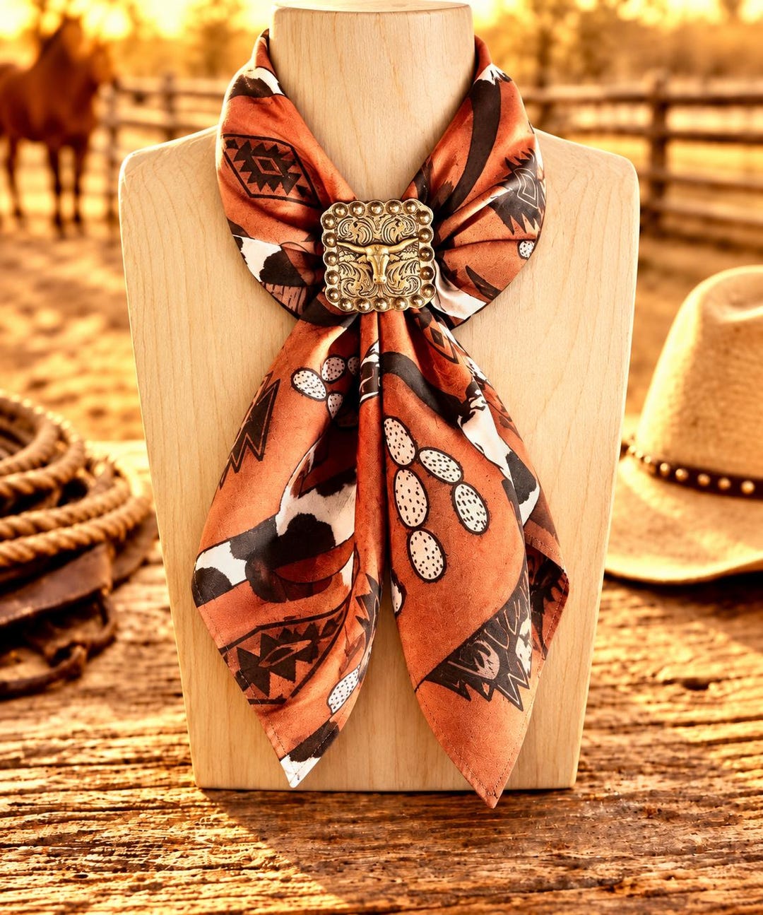Texas Longhorn Steer Head Scarf Slide, Western Concho Ring, Cowboy