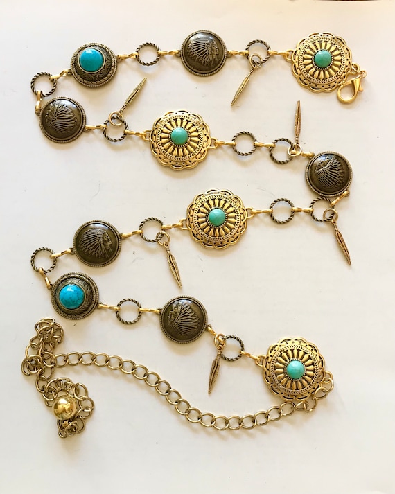 Gold Concho Chain Belt: Turquoise Stone, Western Cowgirl  display picture 3