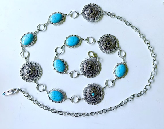 Silver Concho Chain Belt: Turquoise Agate Stone, NFR  display picture 3