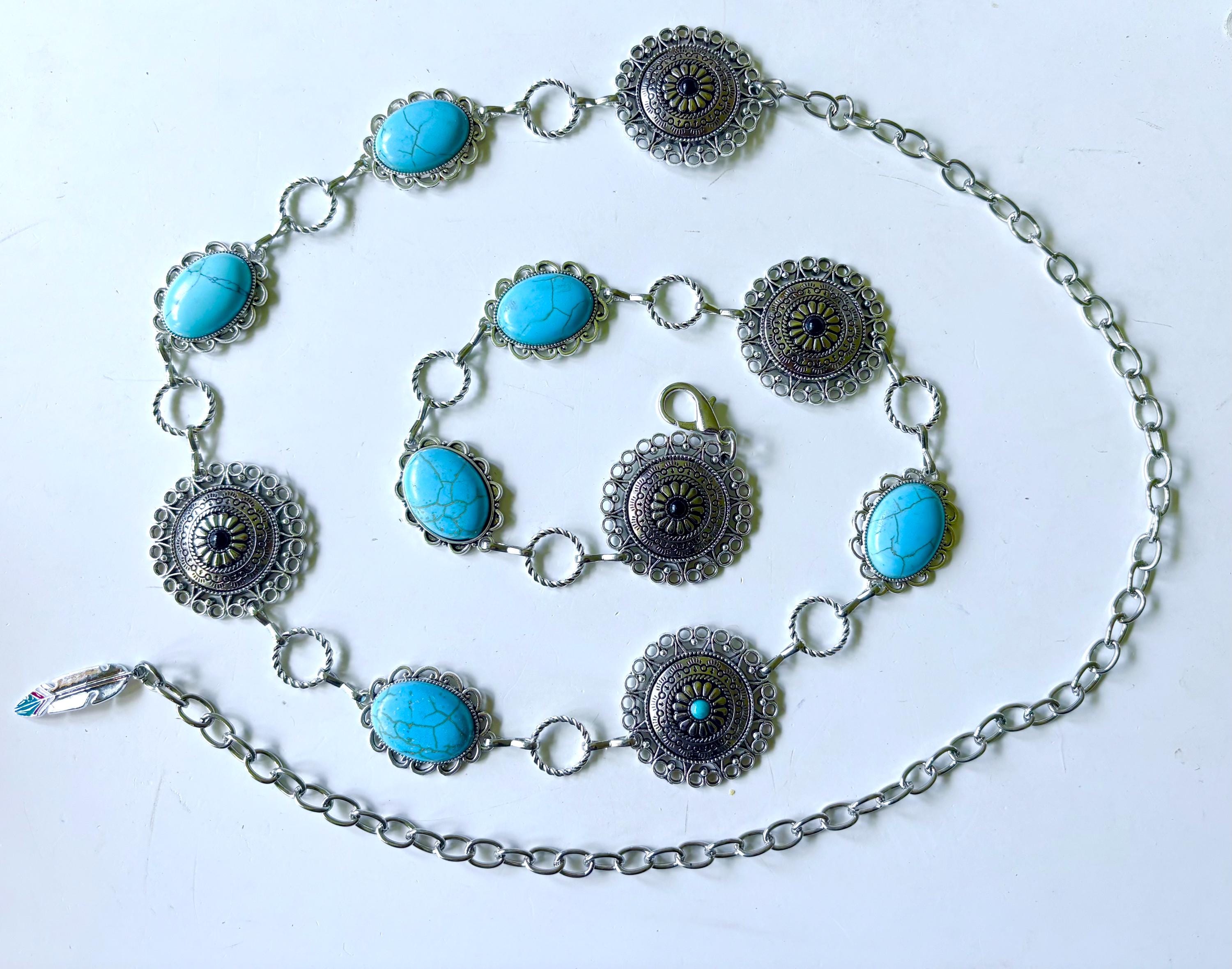 Silver Concho Chain Belt: Turquoise Agate Stone, NFR 